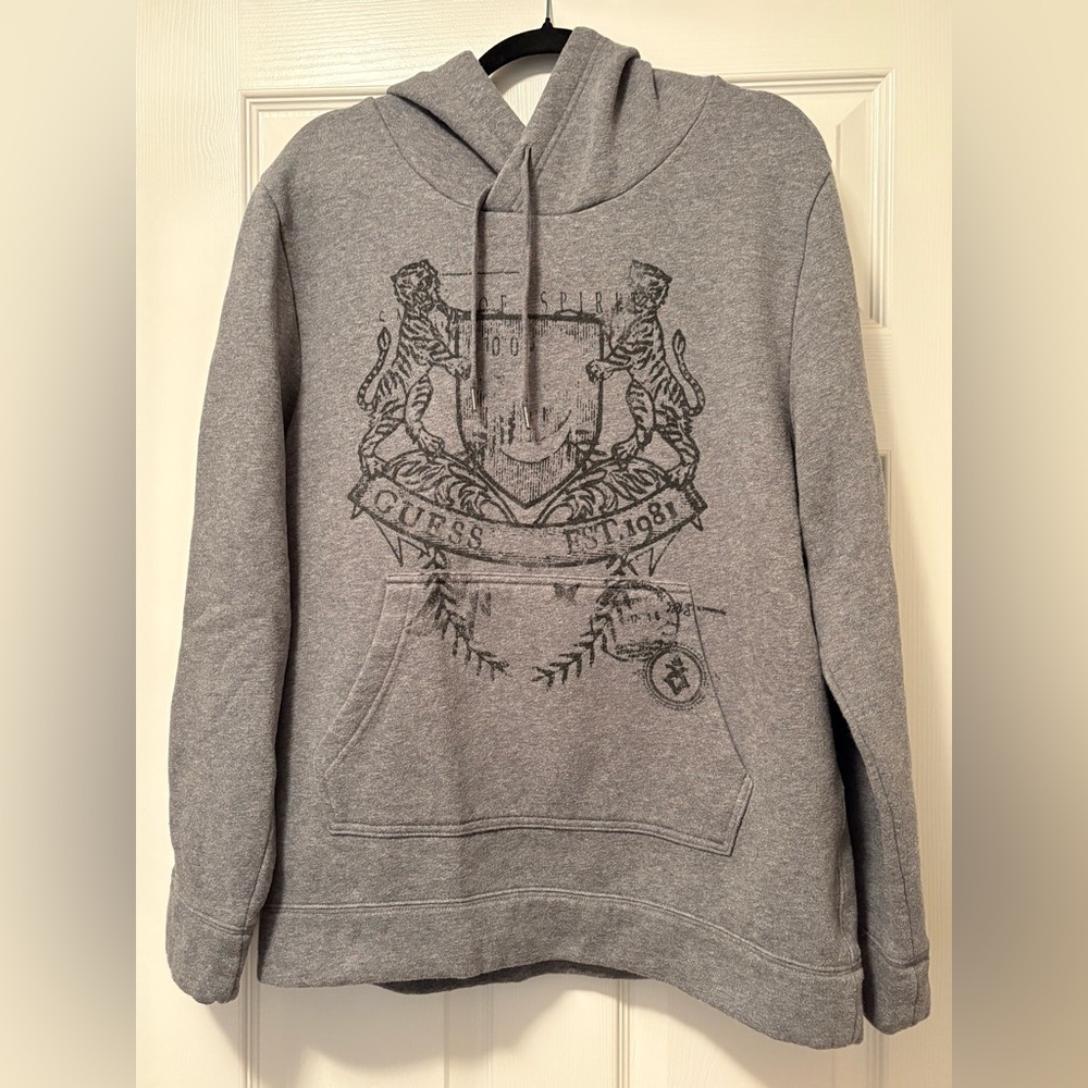 Guess Gray Men's Hoodie With Tiger Graphic
